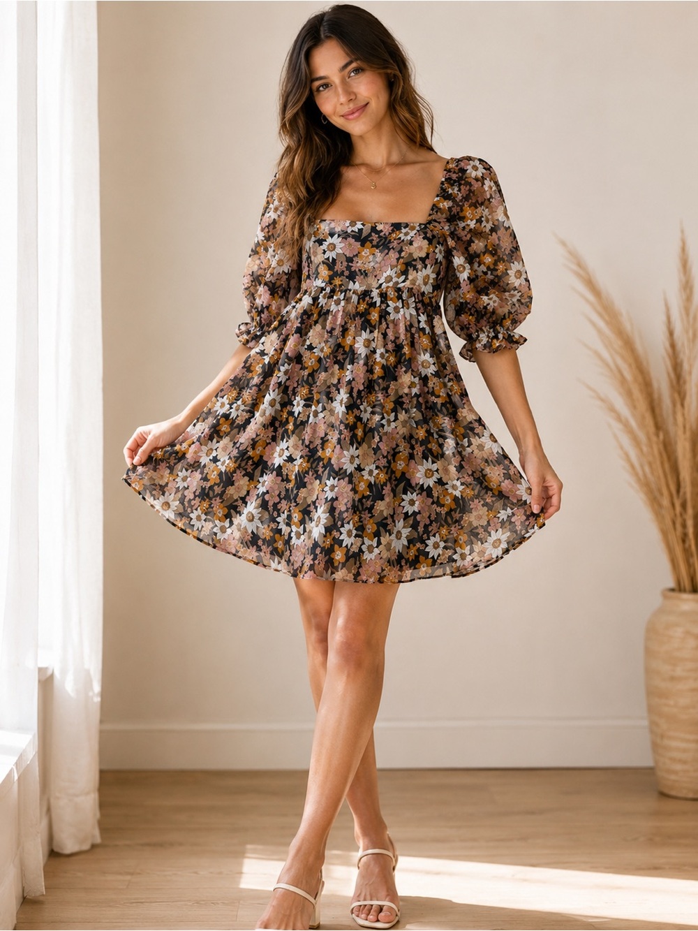 Storia Small Floral Puff Sleeve Babydoll Mini Dress Cottagecore